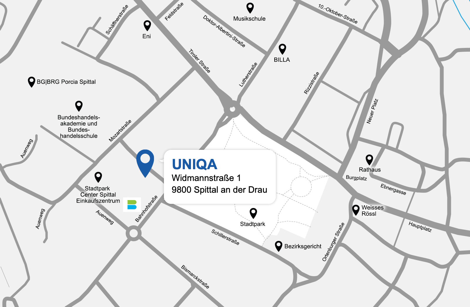 Eine detaillierte gezeichnete Karte der UNIQA Generalagentur P&P